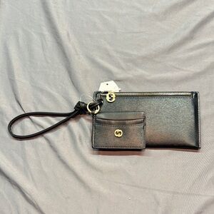 NWT Time & Tru 2pc Harper Clutch Wristlet & Card Case, Black Vinyl Gold Hardware